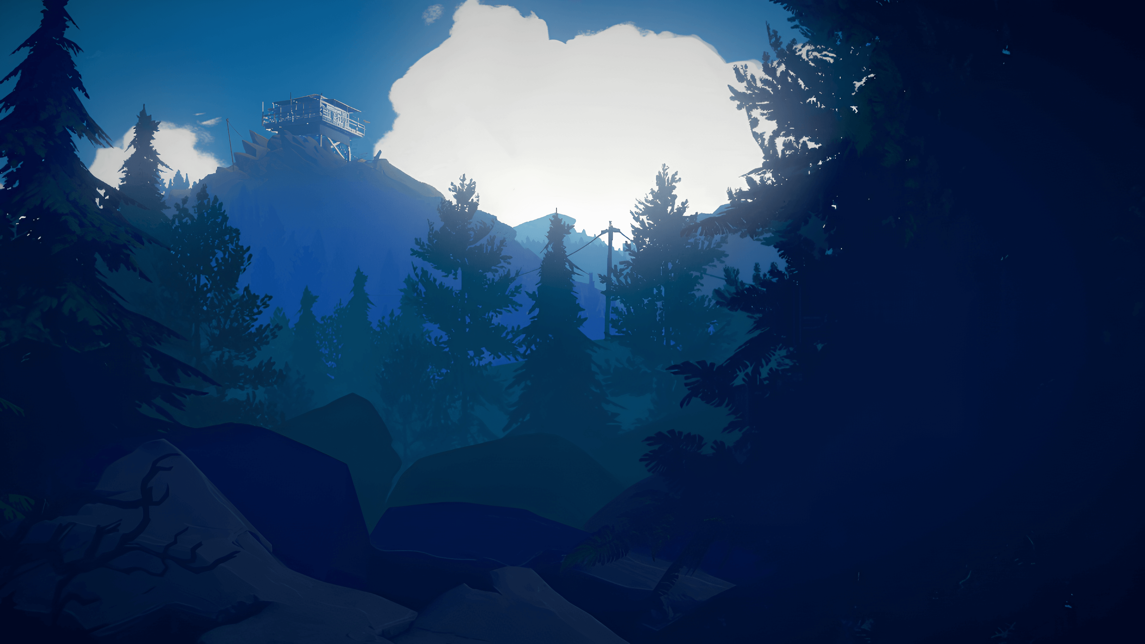A fire lookout tower above a dusk pine forest